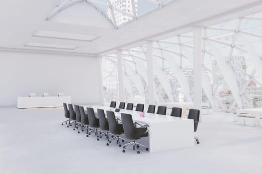 A sleek, office conference room with a minimalist design, featuring a long table, and large glass windows flooding the space with light. 3D render