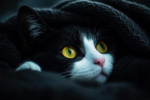 cat peeking under blanket partly covered by a dark grey blanket..