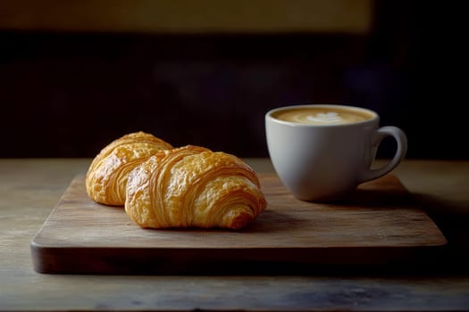 A cup of coffee with latte art beside a golden, flaky croissant on a wooden cutting board. The image captures the essence of a perfect, cozy breakfast moment. High quality illustration