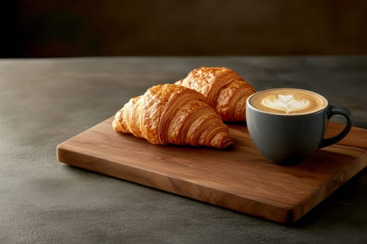 A cup of coffee with latte art beside a golden, flaky croissant on a wooden cutting board. The image captures the essence of a perfect, cozy breakfast moment..