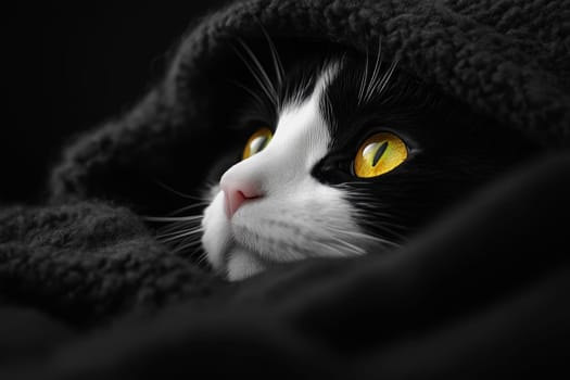 cat peeking under blanket partly covered by a dark grey blanket..