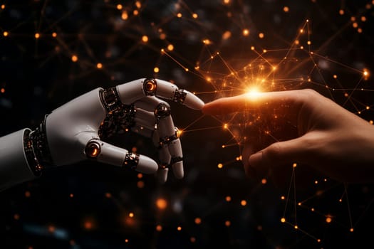 A robotic hand and a human hand reach toward each other across a digital network, symbolizing the interconnectedness of technology and humanity in the modern world...
