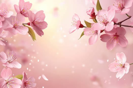 Pink cherry blossoms and petals on a soft pink background..
