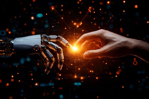 A robotic hand and a human hand reach toward each other across a digital network, symbolizing the interconnectedness of technology and humanity in the modern world...
