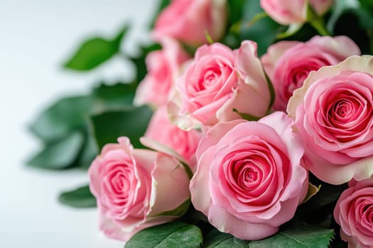 pink roses and green leaves corner border. wedding invitation background, valentine concept..