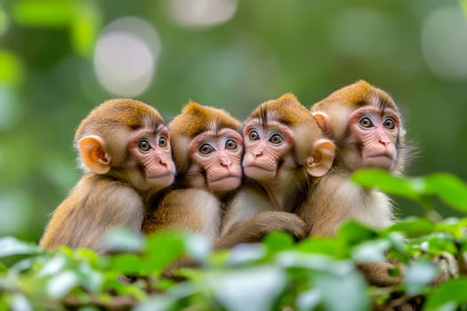 Group of monkeys huddling together in nature, showcasing strong social bonds and togetherness in their natural habitat..