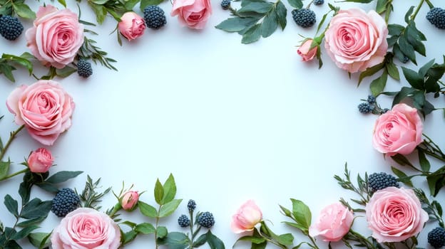 pink roses and green leaves corner border. wedding invitation background, valentine concept..