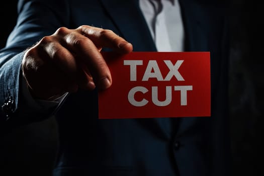 close up a businessman holding text display TAX CUT..