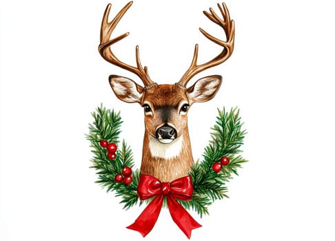A beautifully illustrated deer head with antlers, adorned by a pine wreath and festive red berries, perfect for holiday themes..