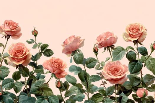 A row of pink roses with green leaves on a pink background..
