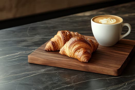 A cup of coffee with latte art beside a golden, flaky croissant on a wooden cutting board. The image captures the essence of a perfect, cozy breakfast moment..