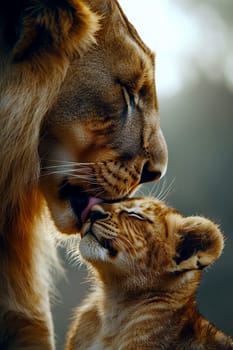 a lioness tenderly grooming her cub, tenderly licking its fur as the little ball of fur.