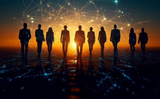 silhouettes of diverse team professionals business individuals connected by lines dots symbolizing network connections.