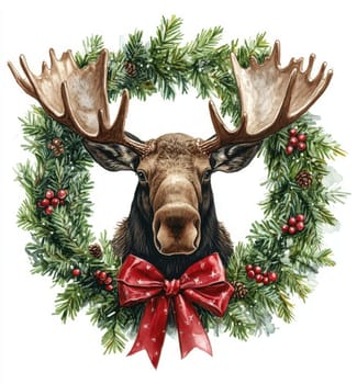 Christmas moose with red bow and Christmas wreath..