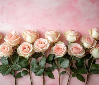A row of pink roses with green leaves on a pink background..