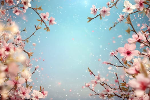 Pink cherry blossoms and petals on a soft pink background..