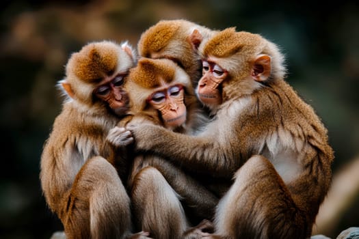 Group of monkeys huddling together in nature, showcasing strong social bonds and togetherness in their natural habitat. High quality illustration
