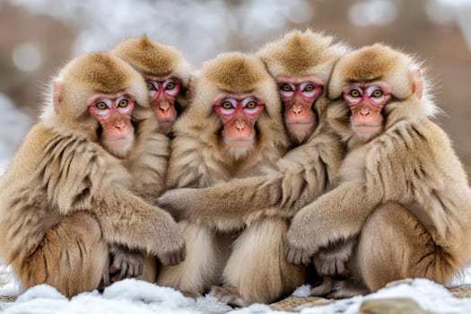 Group of monkeys huddling together in nature, showcasing strong social bonds and togetherness in their natural habitat..