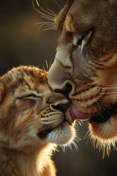a lioness tenderly grooming her cub, tenderly licking its fur as the little ball of fur.