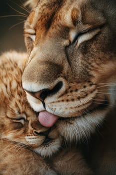 a lioness tenderly grooming her cub, tenderly licking its fur as the little ball of fur. High quality illustration