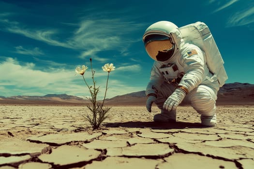 An astronaut is kneeling down looking at a solitary flower growing up out of the desolate ground..