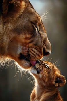 a lioness tenderly grooming her cub, tenderly licking its fur as the little ball of fur.