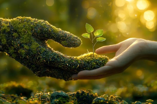 Plants, sustainability and the earth in the hands of people, support or environment Collaborating, growing, and investing in people and the soil for the future. High quality illustration