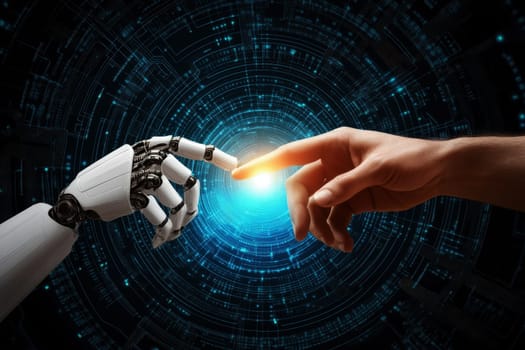 A robotic hand and a human hand reach toward each other across a digital network, symbolizing the interconnectedness of technology and humanity in the modern world.. High quality illustration