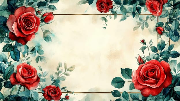 pink roses and green leaves corner border. wedding invitation background, valentine concept..