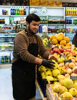 buying food organic vegetable groceries shopping market selling people caucasian vegan seller man