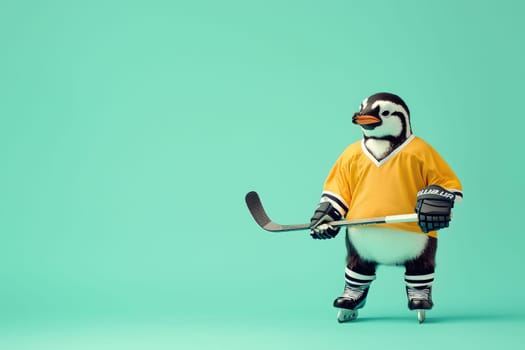 This charming image features a penguin in a vibrant yellow hockey jersey, proudly holding a stick and standing on skates, set against a striking turquoise backdrop.