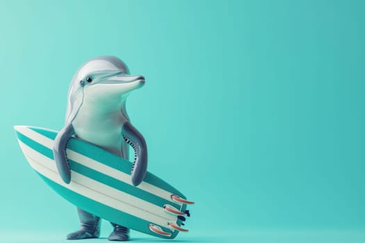 A cheerful cartoon dolphin holding a surfboard, presented in a bright turquoise background, ideal for summer-themed projects and children's illustrations.