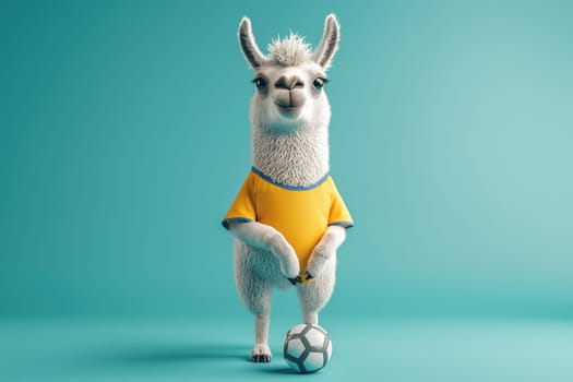 This charming cartoon llama in a yellow jersey stands by a soccer ball, set against a bright teal backdrop. Ideal for playful and engaging sports content.