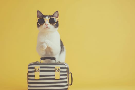A charming cat wearing stylish sunglasses stands atop a chic striped suitcase, creating a whimsical and fun scene against a bright yellow backdrop ideal for travel-themed designs.