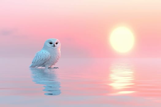 A majestic white owl stands on still water, illuminated by a softly glowing sunset. The pastel colors of the sky create a dreamy and peaceful atmosphere.