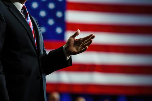 A businessman gestures passionately against the backdrop of an American flag, representing themes of leadership, patriotism, and the power of political communication in a dynamic setting.
