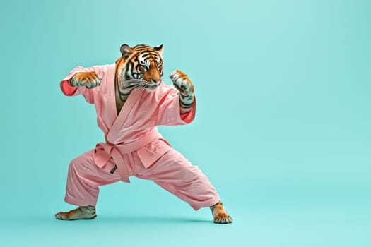 A striking image of a tiger dressed in a pink karate gi, demonstrating a fighting stance. This creative concept blends the wild with martial arts, evoking fun and power.