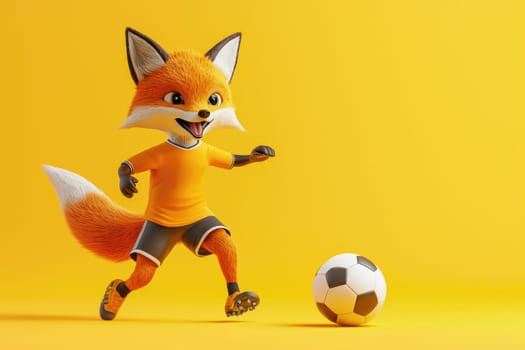 A lively cartoon fox character joyfully kicks a soccer ball against a vibrant yellow background, ideal for projects focusing on sports, children, and dynamic energy.