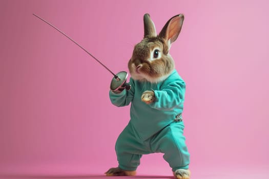 Experience a delightful photorealistic portrait of a Flemish Giant Rabbit dressed for fencing, captured in a studio against a vibrant pink background.