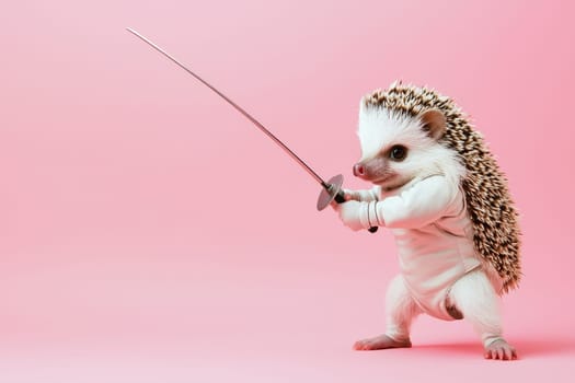 This whimsical image showcases a hedgehog dressed in fencing gear, confidently holding a sword against a playful pink backdrop, representing a delightful blend of imagination and artistry.