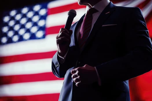 A dynamic silhouette of a professional speaker with a microphone stands boldly in front of the American flag, symbolizing patriotism and engagement in public speaking events.