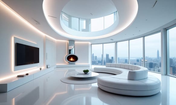 A sleek, modern living room features a curved white sofa, a striking fireplace, and expansive windows showcasing a city skyline at twilight - Generative AI