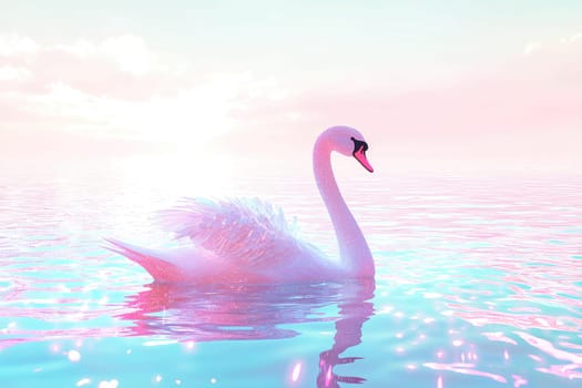 Discover the serene beauty of a graceful swan floating in holographic waters, illuminated by soft pastel colors of sunrise, creating a mesmerizing and tranquil scene.