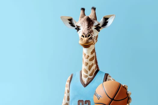 A whimsical giraffe wearing a basketball jersey holds a basketball against a bright blue background, adding a fun and lively touch to any creative project or advertisement.