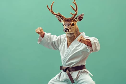 A playful and imaginative portrait of a deer wearing a karate gi with a brown belt, striking a fighting pose against a vibrant teal background, showcasing humor and creativity.