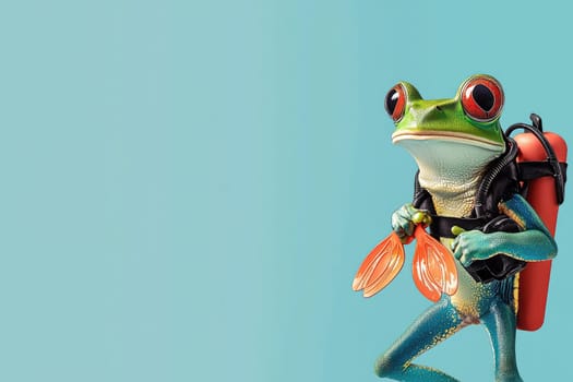 This charming image features a stylish frog in diving gear, confidently holding flippers. Perfect for whimsical themes that celebrate adventure and the beauty of nature.