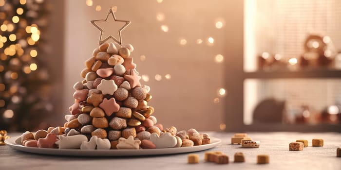 Festive pet-themed christmas tree arrangement with holiday treats for a cozy celebration.