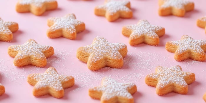 Star shaped gingerbread cookies on pastel pink background for holiday baking inspiration.