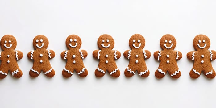 Festive gingerbread cookies neatly aligned for christmas celebration and holiday baking inspiration.