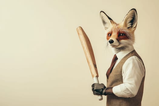 A stylish fox character wears cricket attire and holds a bat. This whimsical image blends a playful spirit with sporting elegance, perfect for creative projects.